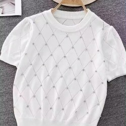 Women Rhinestones Tops Diamonds T-Shirt Knitted Tops