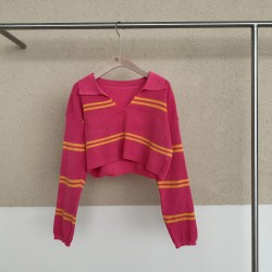 Autumn Retro Polo V-Neck Striped Color-blocking Long-Sleeved Short-Length Pullover Top Knitted for Woman