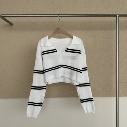 Autumn Retro Polo V-Neck Striped Color-blocking Long-Sleeved Short-Length Pullover Top Knitted for Woman