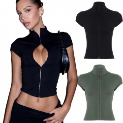 Hook Closure High Stretch Turtleneck Top Womens Casual Slim Fit Short Sleeve Solid Color Summer Knitted Spandex/Polyester 200g