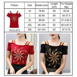 Shiny Rhinestone Off Shoulder Tops Windmill Pattern Mesh Tee Tops Nightclub Short Sleeve Shirts for Women