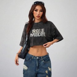 New Women's Clothes Crop Top Women Print T-shirt Acid Wash Plain Loose Casual Tee Cotton Women T-Shirt
