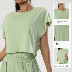 Women's Summer Crop Top Quick-Drying Casual Loose Fit Knitted T-Shirt with Solid Color for Running and Exercise