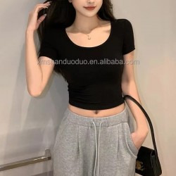 Summer Short Sleeved Women's T-Shirts High Waisted Tight Fitting Tops Sexy Exposed O-Neck Casual Knitted