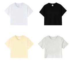 Women's Summer Casual Solid Knitted Cotton Crop Top Short Sleeve T-Shirt with Anti-Pilling and Digital Printing