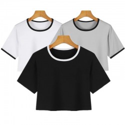 Women's Round Neck Casual Workout Yoga Tees Short Sleeve Solid Cropped Cotton Crop Top T-Shirts