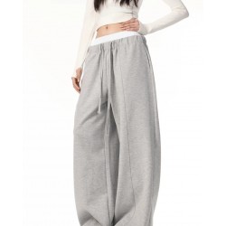 Women's Casual Sporty High Waist Sweatpants Breathable Wide Leg Pants Drapey Drawstring Double Waistband Flat Front Spring