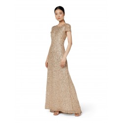 Womens Short-Sleeve All Over Sequin Gown