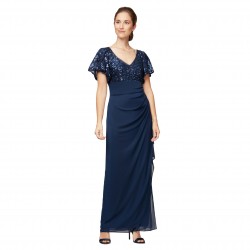 Women's Long Stretch Sequin Bodice Mother of The Bride Dress with Empire Waist (Petite and Regular Sizes)