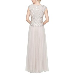 Women's Long V-Neck Embroidered Mother of The Bride Dress W Cap Sleeves, Full Skirt (Petite and Regular Sizes)
