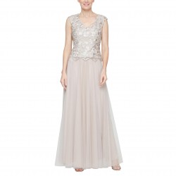 Women's Long V-Neck Embroidered Mother of The Bride Dress W Cap Sleeves, Full Skirt (Petite and Regular Sizes)