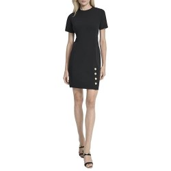 Women's Short Sleeve Jewel Neck Scuba Crepe Button Front Detail Mini Dress