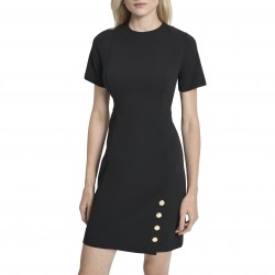 Women's Short Sleeve Jewel Neck Scuba Crepe Button Front Detail Mini Dress