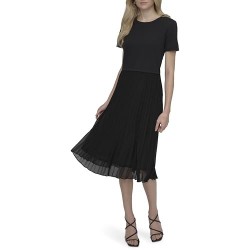 Women's Short Sleeve Jewel Neck Pleated Skirt Keyhole Midi Dress