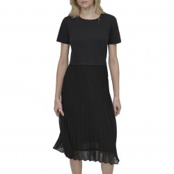 Women's Short Sleeve Jewel Neck Pleated Skirt Keyhole Midi Dress
