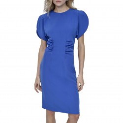 Women's Short Sleeve Jewel Neck Knee Length Ruched Bodice Scuba Crepe Dress