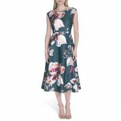 Women's Cap Sleeve Hardware Belt Crepe A-line Midi Dress