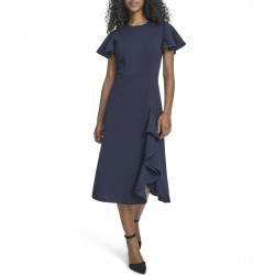 Women's Shirt Flutter Sleeve Crepe A-line Ruffle Hem Dress