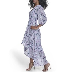 Women's 3 4 Balloon Sleeve V-Neck Belted Wrap Midi Dress