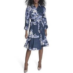 Women's Long Sleeve Collared Neck Cotton Self Tie A-line Dress