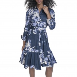 Women's Long Sleeve Collared Neck Cotton Self Tie A-line Dress