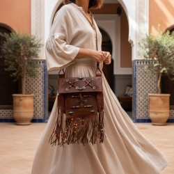 Rare Tuareg Berber Leather Bag Beaded Fringe Boho Crossbody Vintage Moroccan Tan