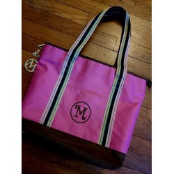 Handbag Pink Brown Rayas Bordado M Dije Double Handle Cremallera Bolsillos Internos