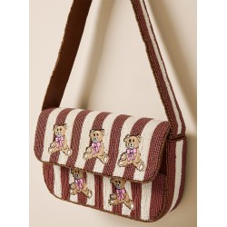 Women's Nora Teddy Bear Novelty Beaded Clutch Shoulder Bag Tan
