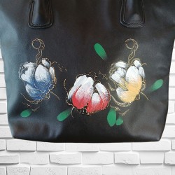 Bag Large Black para llevar todo, flores pintadas a mano, recortado en oro, 16"x13"x5"