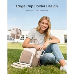 Laptop Backpack for Women's - Stylish Work Backpack with Large Cup Holder, Waterproof College Teacher Backpack, Beige-Khaki, 15. 6Inch