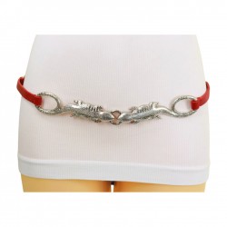 Women Silver Metal Chain Gecko Charms Skinny Waistband Belt Red Band Size S M L