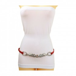 Women Silver Metal Chain Gecko Charms Skinny Waistband Belt Red Band Size S M L