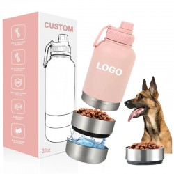 certified Logo 32oz 3 In 1 Insulated Stainless Steel Pet Bowls Feeders 1000ml Outdoor Travel Portable Dog Water Bottle