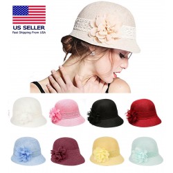 1920's Inspired Women's Gatsby Linen Cloche Hat With Lace Band and Flower