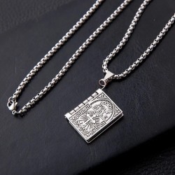 Silver Cross Bible Book Pendant Necklace Unique For Men Women