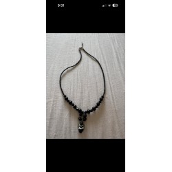 Black Beaded Necklace Heart Charm Pendant Adjustable Lobster Clasp Silver