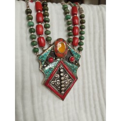 Tibetan Silver Turquoise Coral & Amber Statement Necklace Boho
