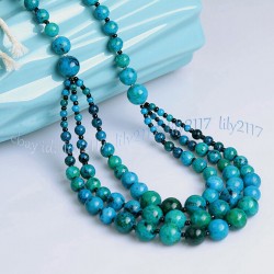 3 Rows Natural Azurite Chrysocolla 4-12mm Round Beads Layered Necklace 18-20''