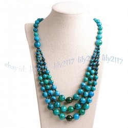 3 Rows Natural Azurite Chrysocolla 4-12mm Round Beads Layered Necklace 18-20''