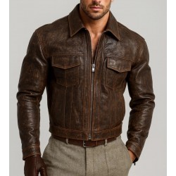 Men's Brown Leather Jacket Vintage Zip Jacket Retro Utility