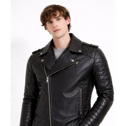 Men's Black Leather Jacket Quilted Padded Slim Fit Coat