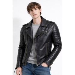 Men's Black Leather Jacket Quilted Padded Slim Fit Coat