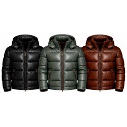 Men's Leather Puffer Jacket Hooded Winter Coat