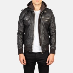 Men's Vintage Black Leather Jacket Brown Hood Zip Casual