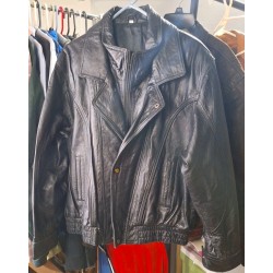 Men's Black Leather Bomber Jacket Zip Button Elastic Waist Made In Italy