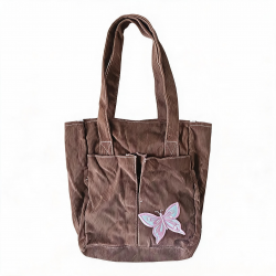 Handbag Vintage Brown Pana con Parche Mariposa Bordado