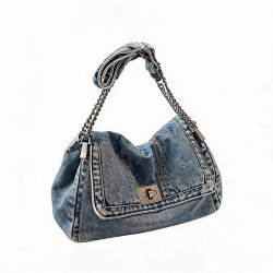Handbag Denim Strap Blue Profundo Blue Claro Black Diseño de turas Vintage Women's