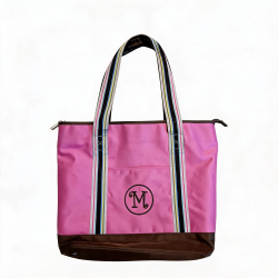 Handbag Pink Brown Rayas Bordado M Dije Double Handle Cremallera Bolsillos Internos