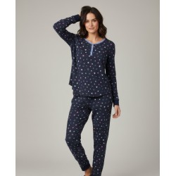 Women's Medium Navy Blue Star Pattern Sleep-Wear Thermal Pajama Set