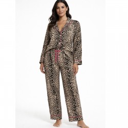 Leopard Print Cotton Pajama Set Hot Pink Trim Button Down Wide Leg Large